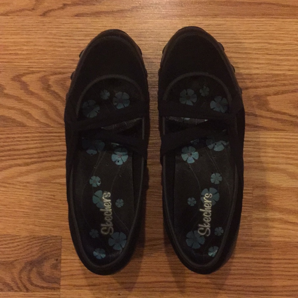 Skechers Black Mary Jane Flats with Blue Floral Insole
